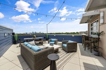 Rooftop terrace with views of downtown raleigh